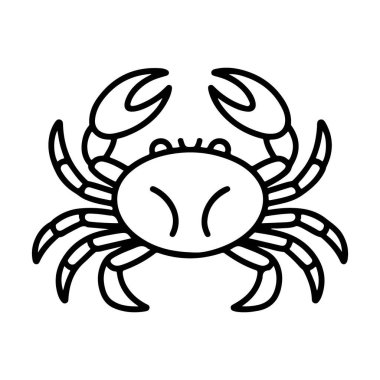 Pençeleri havada ileri bakan bir yengecin minimalist siyah beyaz çizimi.