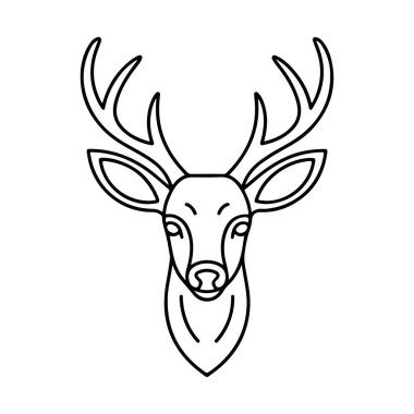 Bir geyiğin kafasının ve etkileyici boynuzlarının minimalist siyah beyaz çizgisi..