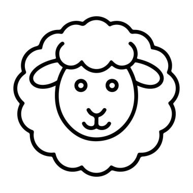 Minimalist, siyah-beyaz, tüylü yün ve basit yüz hatlarıyla bir koyun yüzü çizimi..