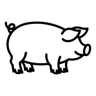 Kıvırcık kuyruklu ve dört bacaklı gülümseyen bir domuzun siyah beyaz çizimi..
