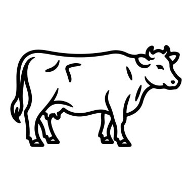 Memelerini ve boynuzlarını gösteren, yan duran bir ineğin siyah beyaz çizgisi..