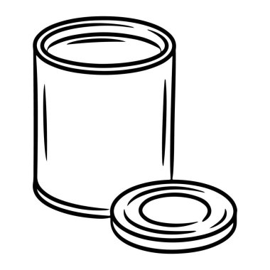 Açık boya kutusunun kapağı yanında duran basit bir siyah beyaz çizgi çizimi..