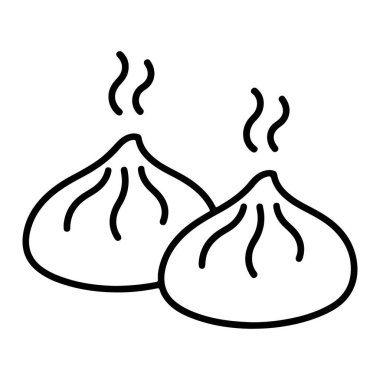 Minimalist siyah beyaz çizgi, yenmeye hazır iki lezzetli, dumanı tüten hamur köftesi tasvir eder..