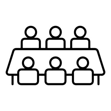 Basit bir çizgi resim ikonu, altı kişinin dikdörtgen bir konferans masasının etrafında oturduğunu gösteriyor..