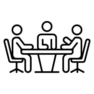 Masa başındaki bir iş toplantısında üç çöp adam tasvir eden basit bir çizgi resim simgesi.
