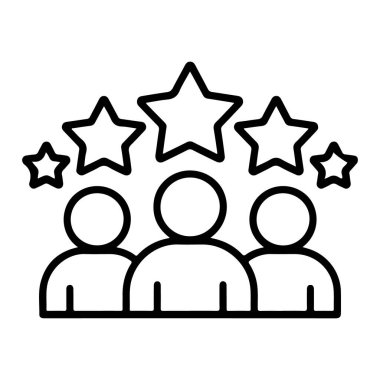 Üzerinde yıldızlar olan üç kişiyi tasvir eden basit bir çizgi sanat ikonu başarıyı ve tanınmayı simgeliyor..