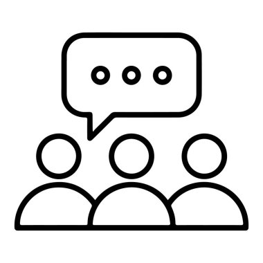 Basit bir çizgi resim simgesi, yukarıda bir konuşma baloncuğu bulunan, konuşmada üç stilize figürü betimler..