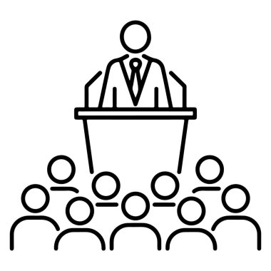 Bir kürsünün arkasından kalabalığa konuşan bir kişiyi tasvir eden basit bir çizgi sanat ikonu.
