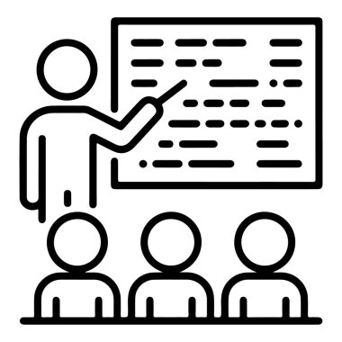 Basit bir çizgi resim simgesi, önünde öğrencilerin olduğu beyaz tahtayı gösteren bir öğretmeni tasvir eder..