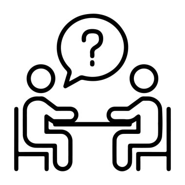 Belirsizlik veya sorgulamayı gösteren bir soru işareti ile bir konuşma veya röportaj simgesi.