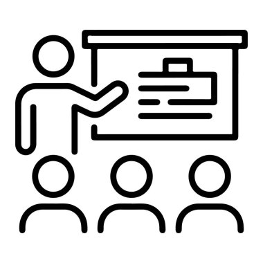 Önünde öğrencilerin oturduğu beyaz tahtayı işaret eden bir öğretmeni resmeden bir simge.