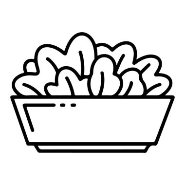 Minimalist bir siyah beyaz çizgi taze yeşil marul yapraklarıyla dolu bir kâse çiziyor..