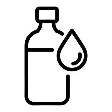 Su damlasının yanında bir şişe tasvir eden basit bir siyah beyaz çizgili sanat simgesi..