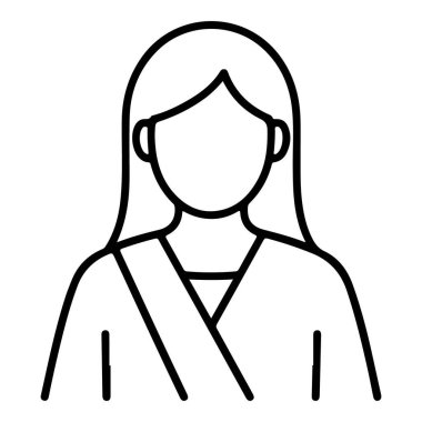 Uzun saçlı ve V yakalı bir kadının üst gövdesinin minimalist siyah beyaz çizimi..