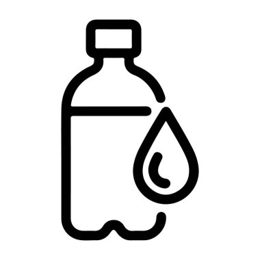Yan tarafında su damlası olan plastik bir su şişesini tasvir eden minimalist siyah beyaz çizgili bir sanat simgesi..