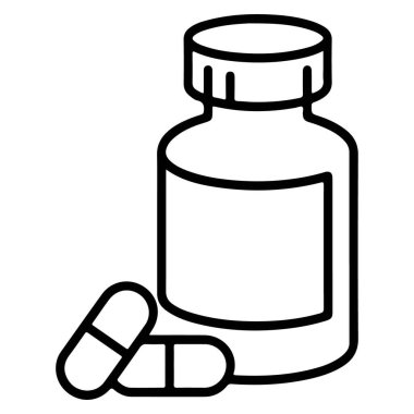 Önünde iki kapsül olan bir ilaç şişesinin minimalist siyah beyaz çizimi..