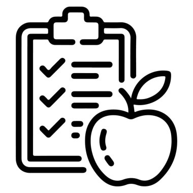 Taze bir elmanın yanındaki panoda bir listeyi tasvir eden basit bir çizgi resim simgesi.