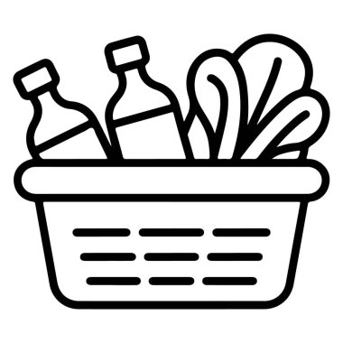 Şişeler ve taze ürünlerle dolu bir alışveriş sepetinin basit bir çizgisi..