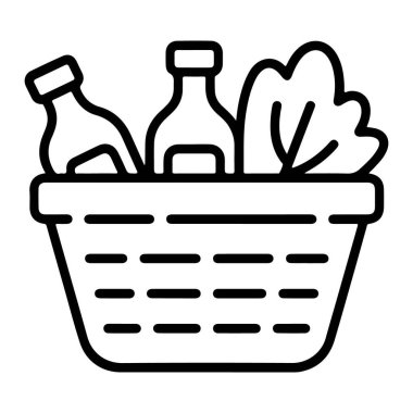 Minimalist bir siyah beyaz çizgi, şişeler ve yapraklı yeşilliklerle dolu bir piknik sepeti tasvir ediyor..