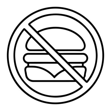 Üzerinde içki yasağı işareti olan bir hamburgeri tasvir eden basit bir siyah beyaz simge..