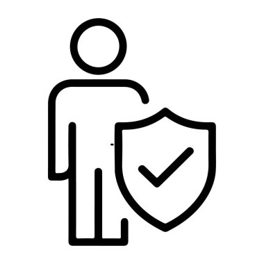Koruma ya da güvenlik işareti olan bir kalkanın yanında duran kişiyi gösteren basit bir çizgi resim simgesi.