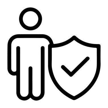 Koruma ve güvenliği sembolize eden, üzerinde kontrol işareti olan bir kalkanın yanında duran bir kişiyi tasvir eden basit bir çizgi sanat simgesi.