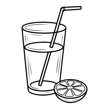 Bir dilim turunçgil meyvesinin yanında sıvı ve pipetle dolu uzun bir bardağın el çizimi çizimi..