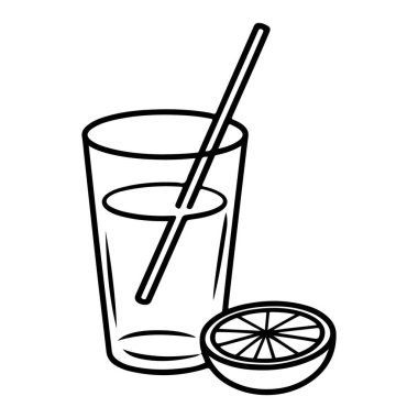 Bir limon diliminin yanında sıvı ve kamışla dolu uzun bir bardağın minimalist çizgisi..