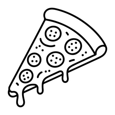 Biberli pizza diliminin kabuğundan erimiş peynir damlayan siyah beyaz çizimi..