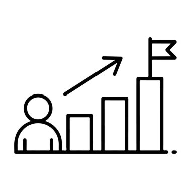 Kişisel büyüme ve başarıyı temsil eden simge, yükselen bir çıta grafiği ve zirvedeki bir bayrak ile.