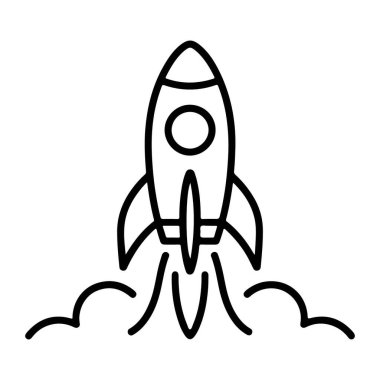 Şekil verilmiş duman bulutlarıyla yükselen bir roketin minimalist siyah beyaz çizgisi.