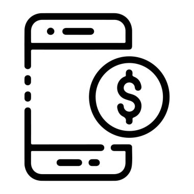 Bir akıllı telefonu temsil eden basit bir çizgi resim simgesi bir dolar işareti parasıyla, cep telefonu ödemelerini ve finansmanı sembolize eder..
