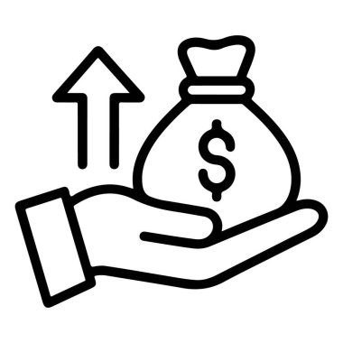 Dolar işareti ve yukarı doğru ok olan bir para çantası sunan bir el tasviri..