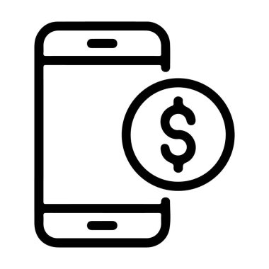 Basit bir çizgi resim simgesi, yanında bir dolar para sembolü bulunan ve cep telefonu ödemelerini temsil eden bir akıllı telefonu betimler..