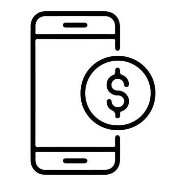 Mobil mali işlemleri sembolize eden bir dolar parasının yanındaki akıllı telefonun basit bir çizgi resim simgesi.