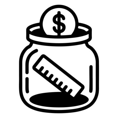 Bir dolar sikke ve bir cetvel içeren bir kavanoz. Finansal okur-yazarlığı ve tasarruf etmeyi temsil ediyor..