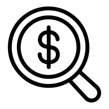 Bir dolar işaretine odaklanmış bir büyüteç gösteren basit bir çizgi resim simgesi.