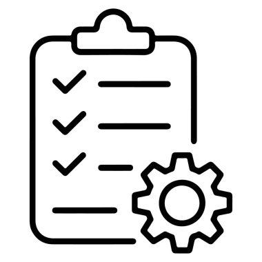 Tamamlanmış ögeler ve bir dişli sembolü içeren bir kontrol listesi gösteren basit bir satır resim simgesi.