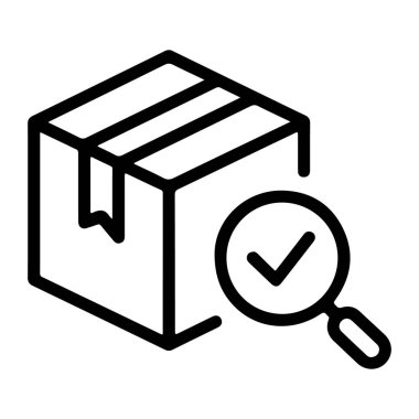 Bir büyüteç ve kontrol işareti ile denetlenen bir paketi gösteren izometrik çizgi resim simgesi.