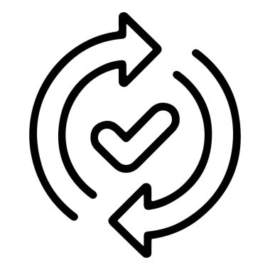 Tamamlamayı veya başarıyı gösteren işaretli dairesel bir süreci gösteren siyah beyaz çizgi resim simgesi.