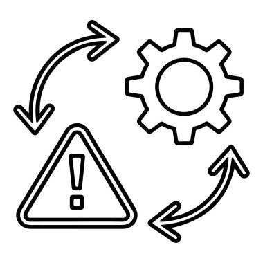 Bir süreci gösteren dairesel ok akışı ile bağlı bir uyarı işareti ve dişli sembolü.