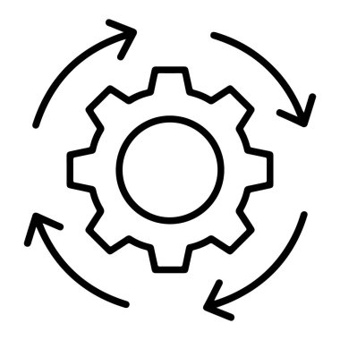 Dört eğri okla çevrili stilize edilmiş bir vites sembolü sürekli bir döngü ya da süreç olduğunu gösteriyor.