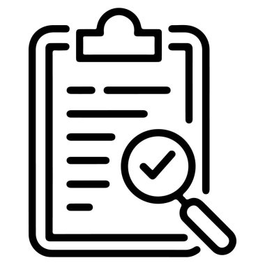 Büyüteç ve kontrol işareti olan bir belgenin ayrıntılı bir incelemesini veya denetlenmesini temsil eden bir simge.