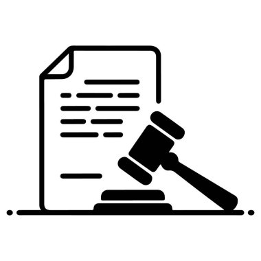 Yasal bir belge ve yargıç tokmağını tasvir eden, yasal işlemleri ve adaleti sembolize eden siyah beyaz bir simge..