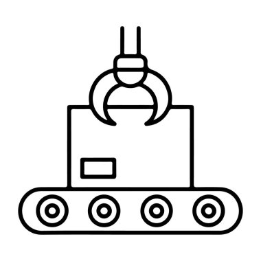 Basit bir çizgi çizimi, konveyör bandında pençe ile bir kutuyu kaldıran bir robotik kolu gösterir.