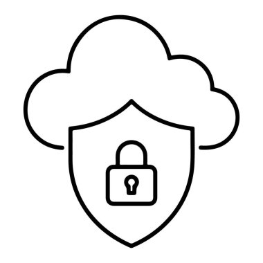 Basit bir çizgi resim simgesi, bulut güvenliğini simgeliyor. Kalkanı ve asma kilidi var..