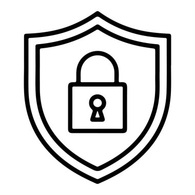 Merkezinde asma kilit olan bir kalkanın basit bir çizgi sanat simgesi, güvenliği ve veri korumasını simgeliyor..