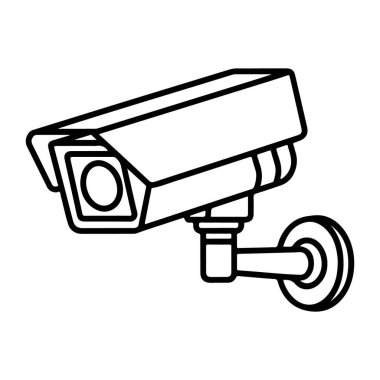 Paranteze iliştirilmiş bir güvenlik kamerasının minimalist siyah beyaz çizimi.