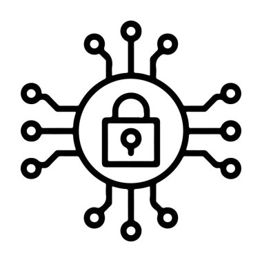 Merkezinde asma kilit olan ve devre kartı bağlantıları yayan dijital güvenliği temsil eden biçimlendirilmiş bir simge.