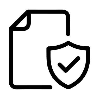 Bir belgeyi simgeleyen basit bir çizgi resim simgesi, bir kalkan ve kontrol işareti, güvenlik ve onayı simgeliyor..